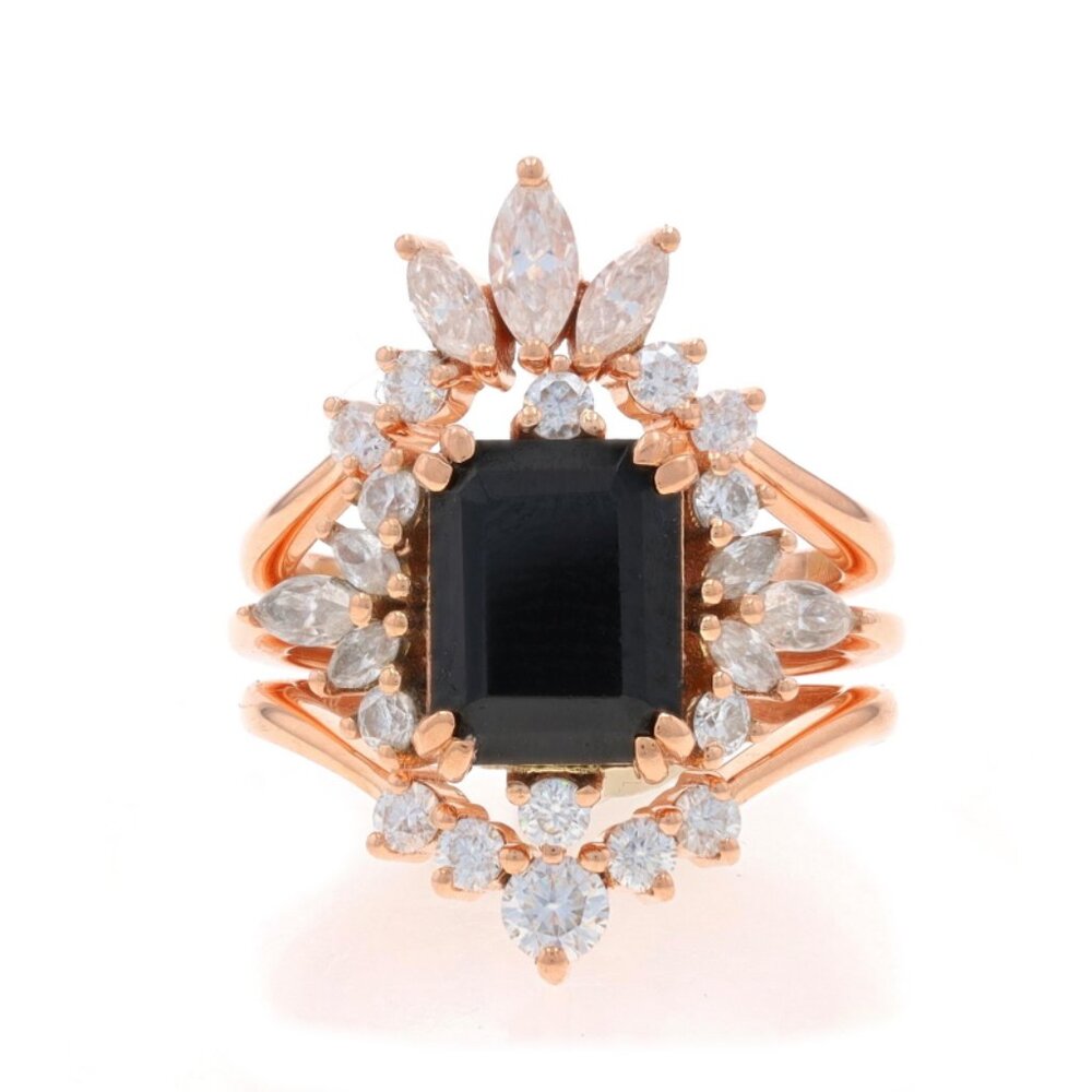 Rose Gold Onyx Moissanite Engagement Ring & Enhancer Wedding Bands 14k Guards